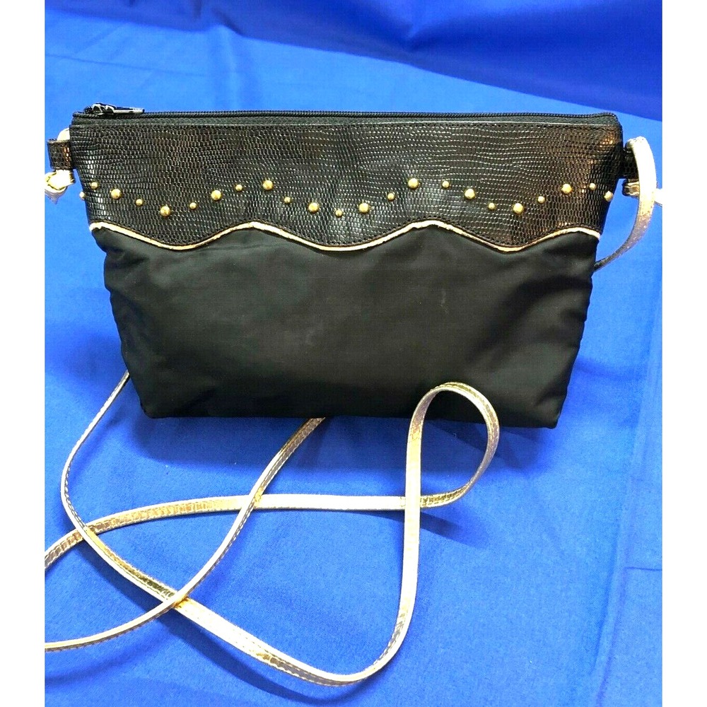JAY HERBERT Sharif VTG BLACK EVENING BAG Lizard Leather & Microfiber GOLD STUDS